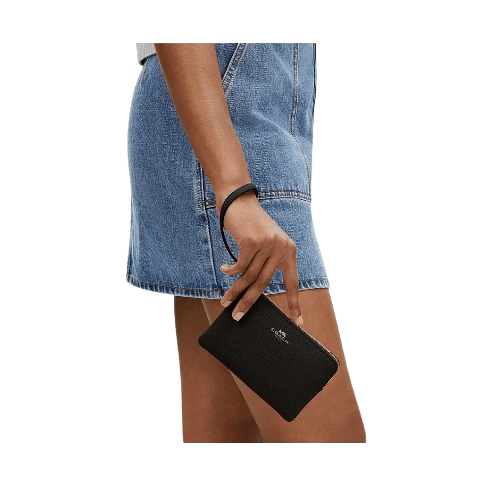Coach Corner Zip Wristlet Crossgrain Leather-Gold-Black