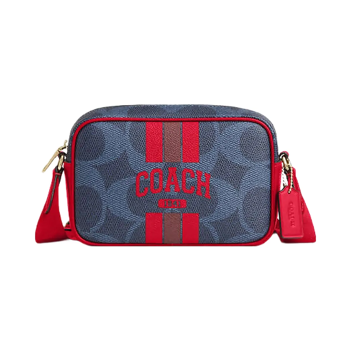 Coach Mini Jamie Camera Bag In Signature Canvas With Varsity Stripe Im-Denim-Bold Red