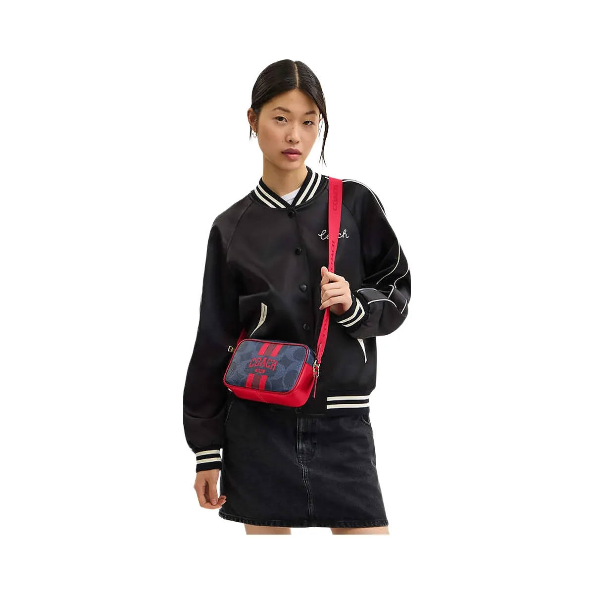 Coach Mini Jamie Camera Bag In Signature Canvas With Varsity Stripe Im-Denim-Bold Red