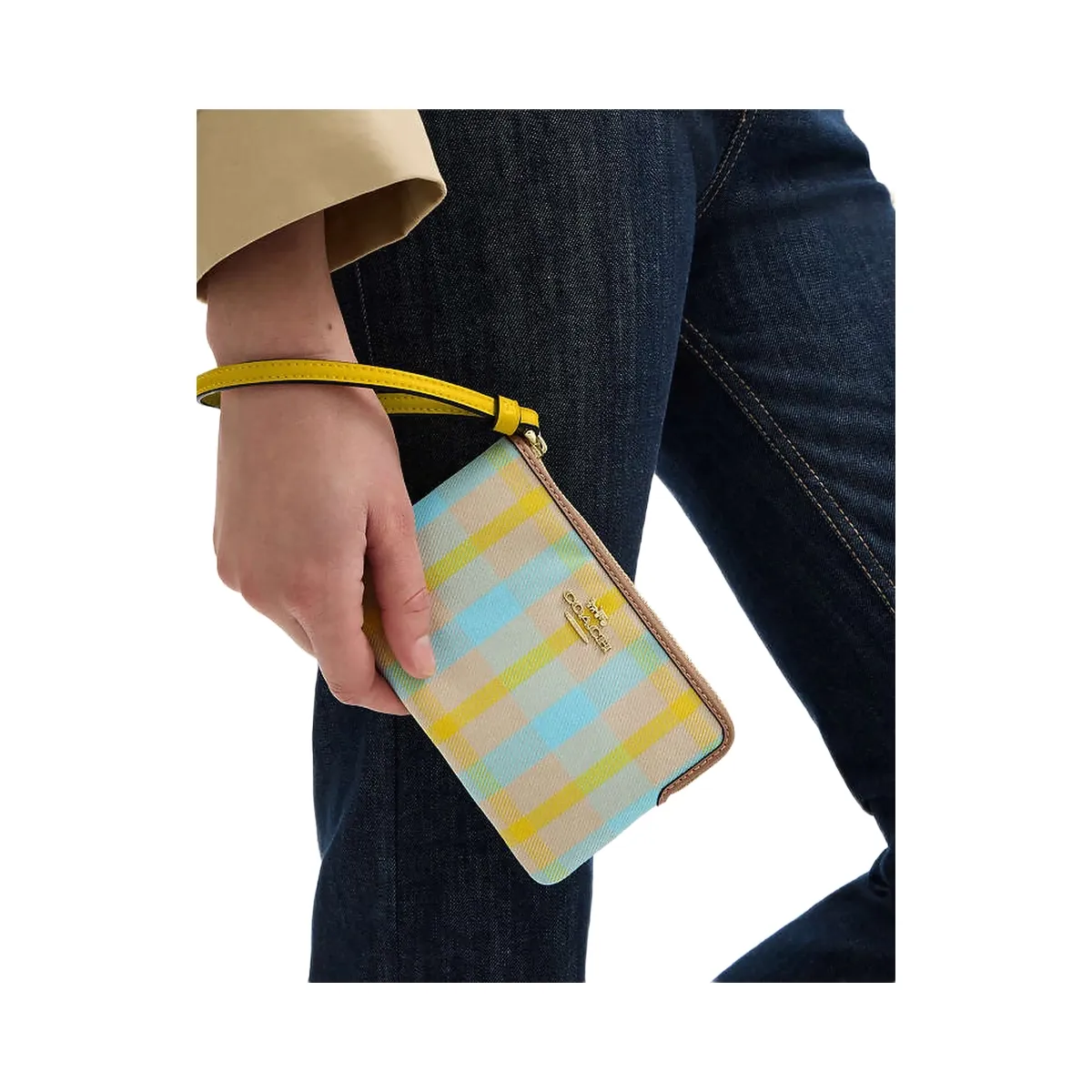 Coach Corner Zip Wristlet With Plaid Print Im-Bright Maize Multi