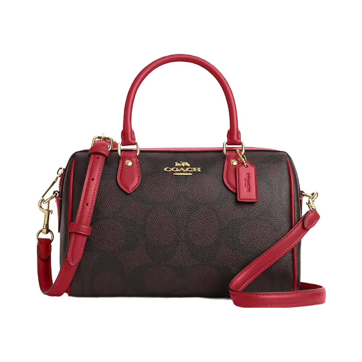 Coach Rowan Satchel Bag In Maxi Signature Canvas Signature Canvas-Im-Walnut-True Red
