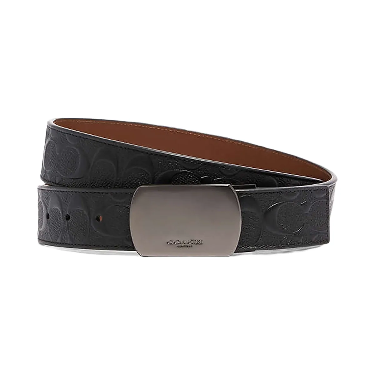 Coach Plaque Buckle Cut To Size Reversible Belt, 38 Mm Smooth Leather-Gunmetal-Black-Dark Saddle