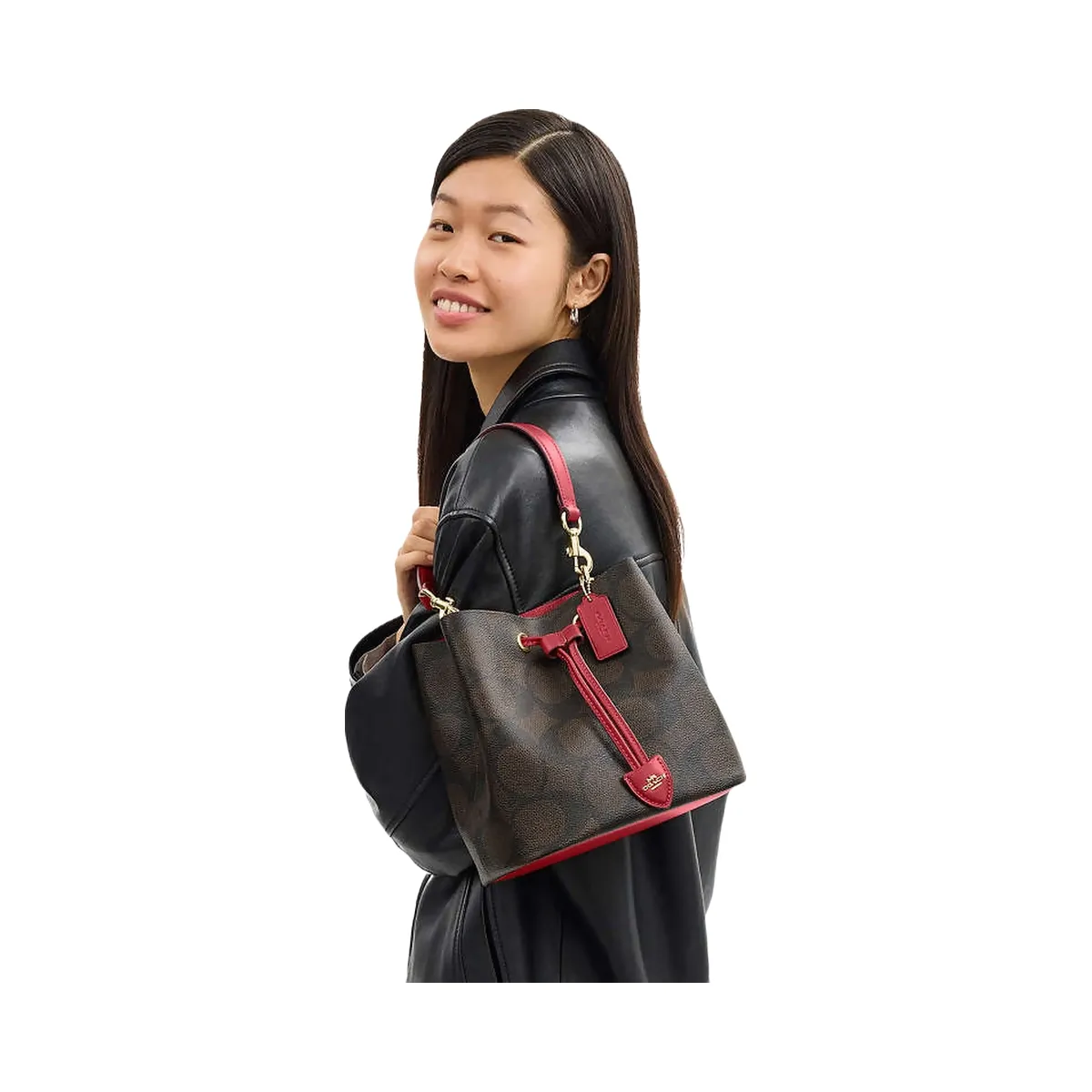 Coach Rowan Bucket Bag In Maxi Signature Canvas Signature Canvas-Im-Walnut-True Red