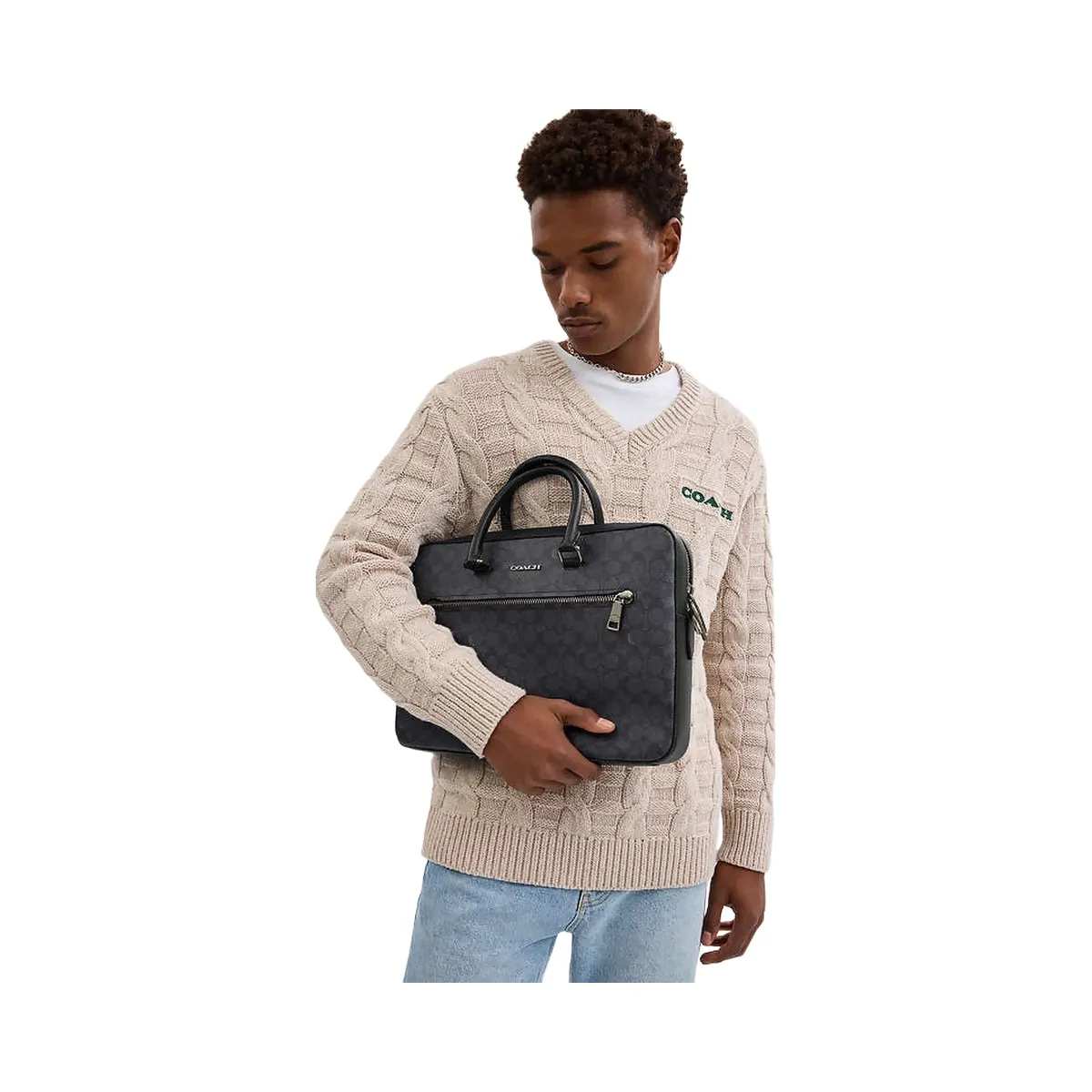 Coach Ethan Slim Brief In Signature Canvas Signature Canvas-Gunmetal-Charcoal-Black