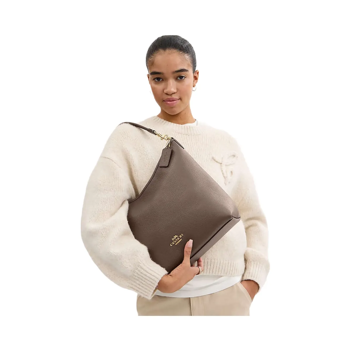 Coach Laurel Large Shoulder Bag Pebbled Leather-Gold-Dark Stone