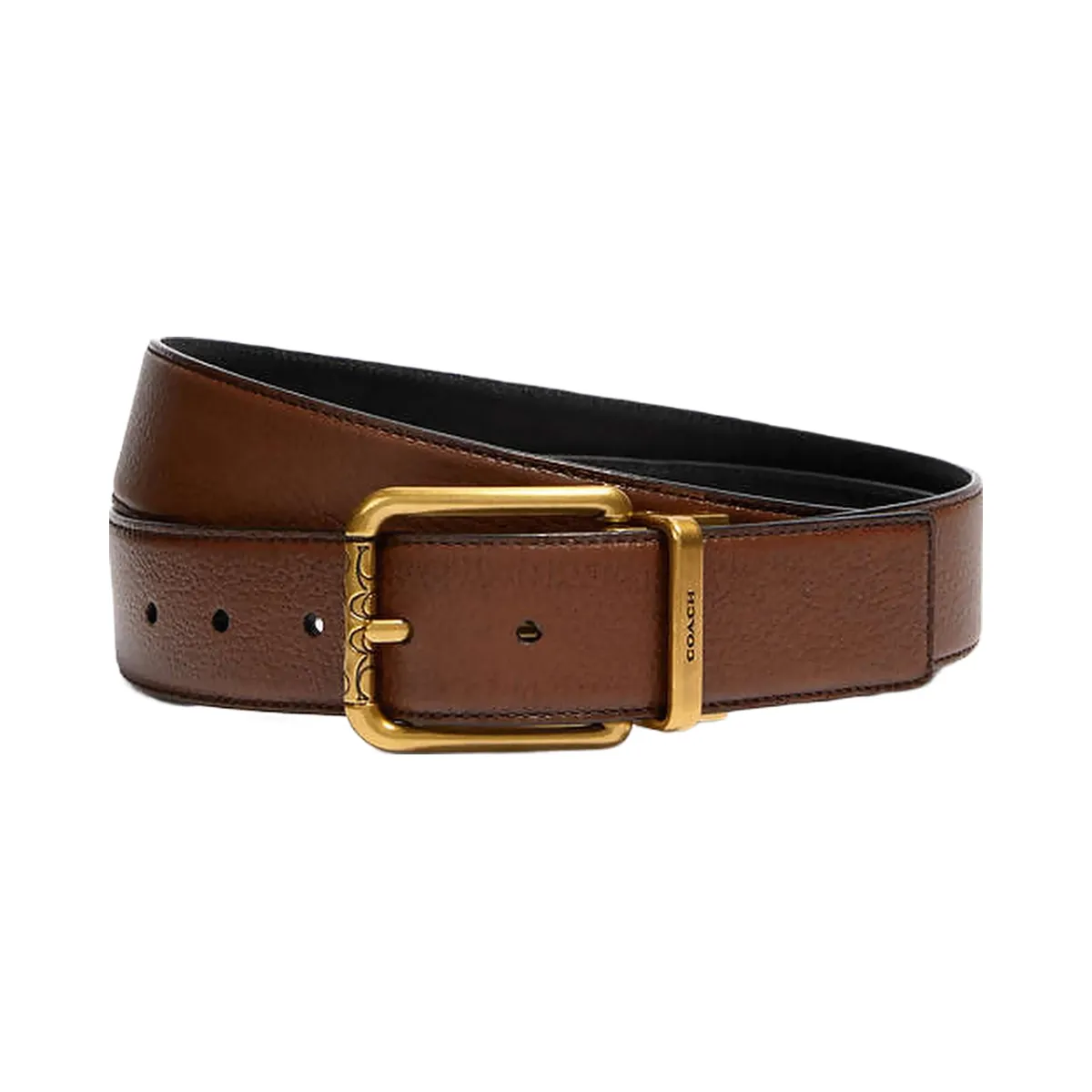 Coach Square Roller Buckle Cut To Size Reversible Belt, 38 Mm Pebbled Leather-Antique Brass-Dark Saddle Black