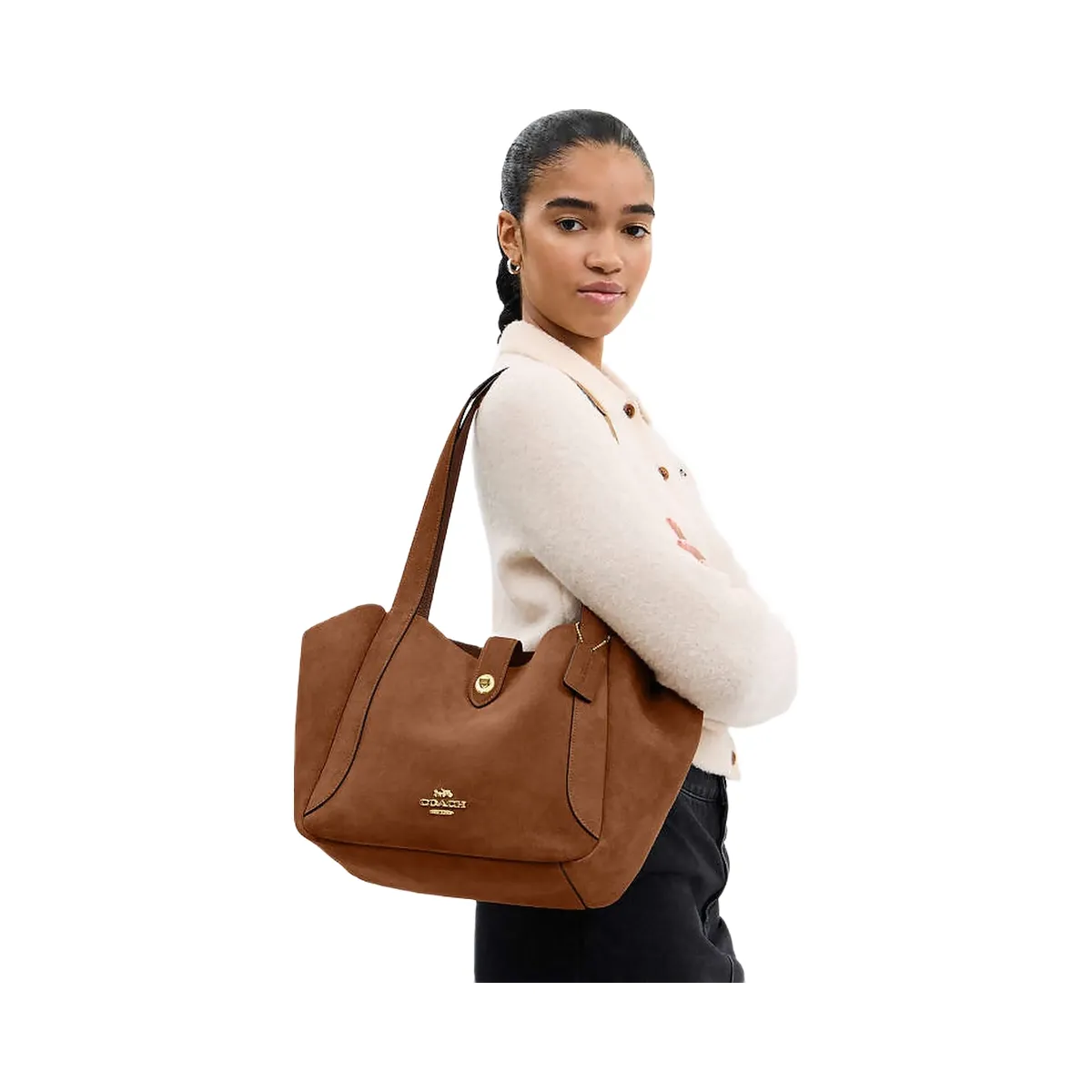 Coach Hadley Turnlock Tote Bag Suede-Gold-Sienna