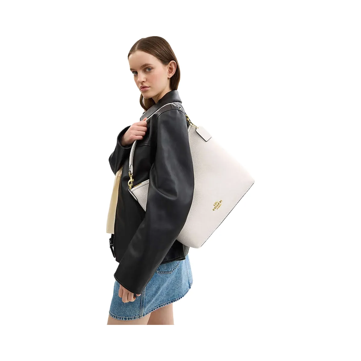 Coach Laurel Large Shoulder Bag Pebbled Leather-Gold-Chalk