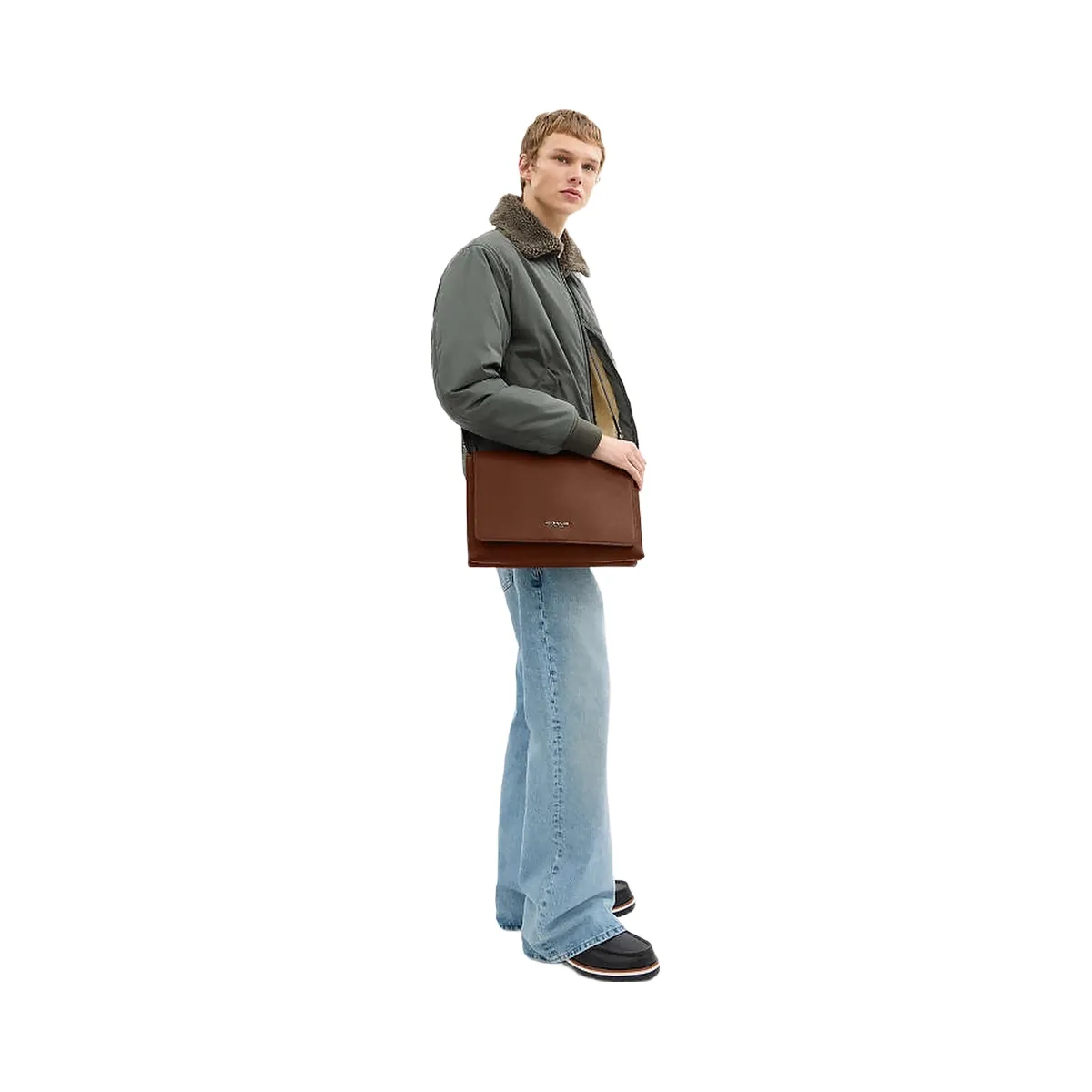 Coach Caleb Messenger Bag Pebbled Leather-Gunmetal-Saddle
