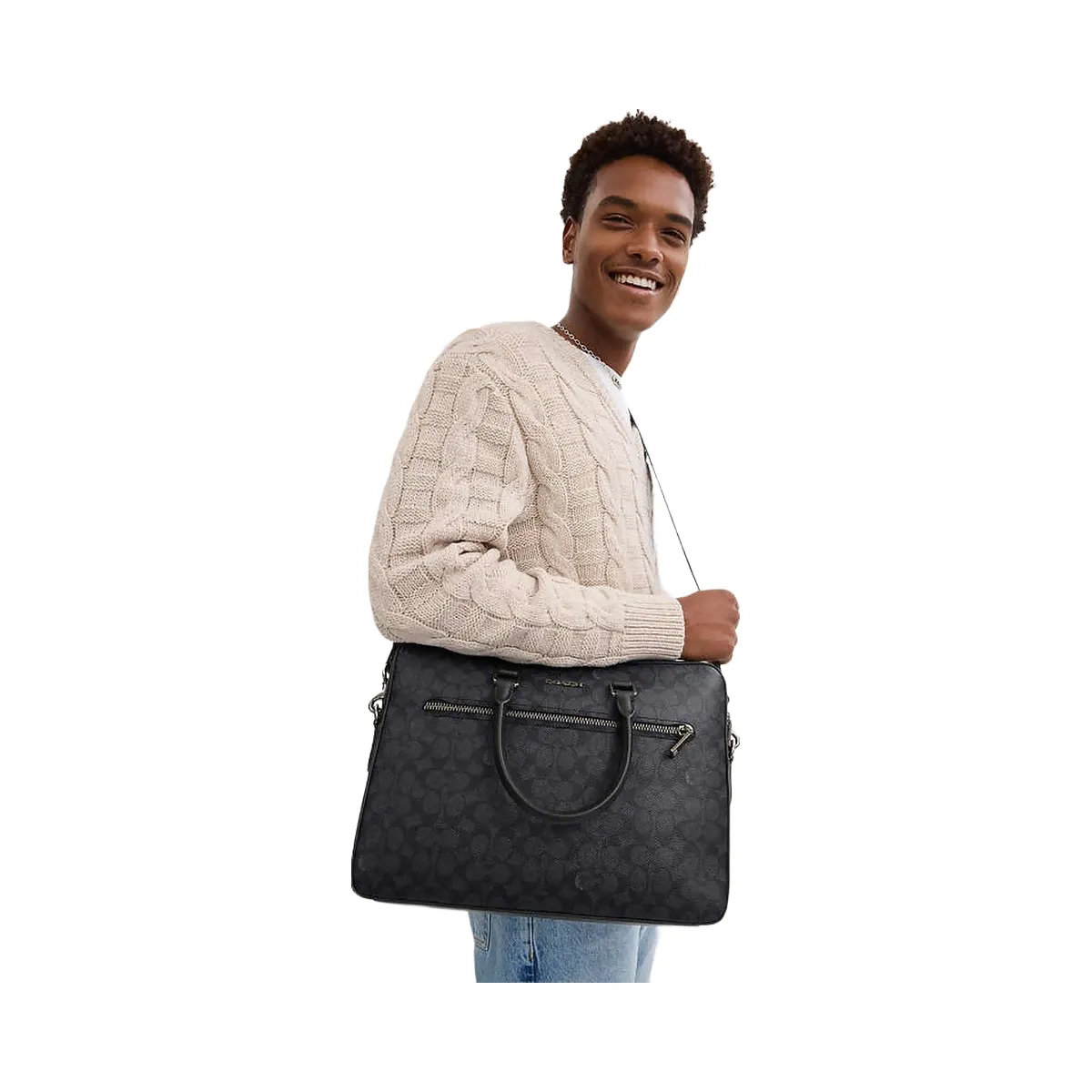 Coach Ethan Slim Brief In Signature Canvas Signature Canvas-Gunmetal-Charcoal-Black
