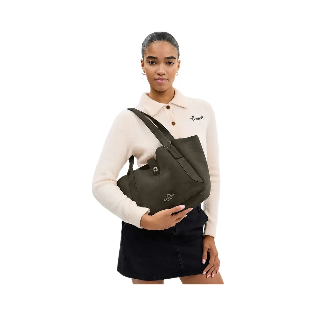 Coach Hadley Turnlock Tote Bag Suede-Qb-Army Green