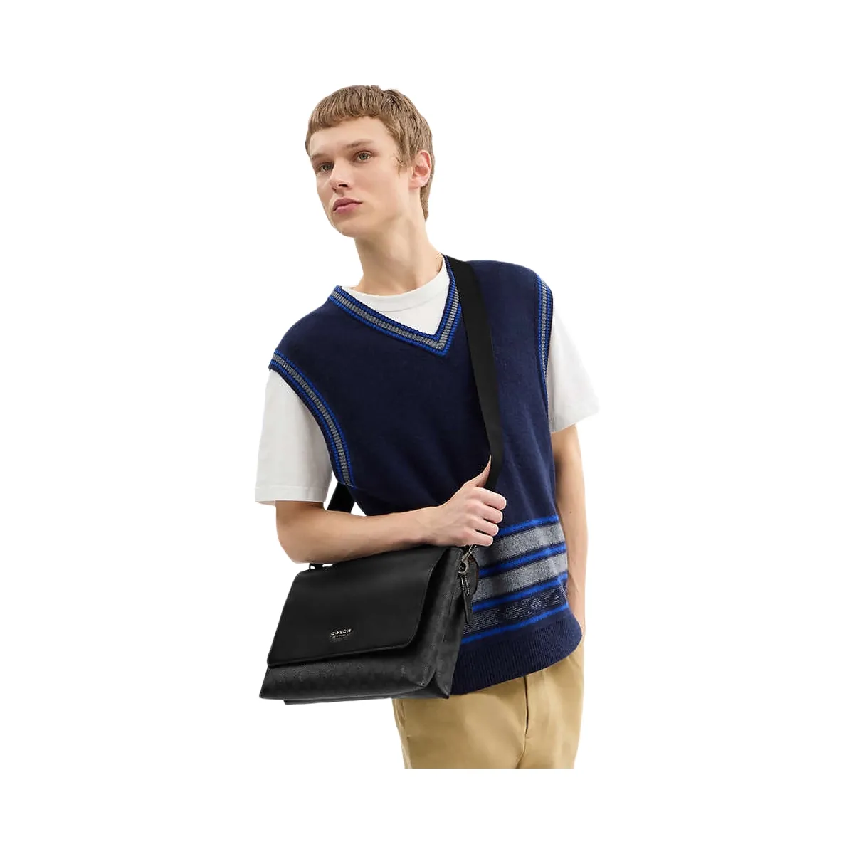 Coach Caleb Messenger Bag In Signature Canvas Signature Canvas-Gunmetal-Charcoal-Black