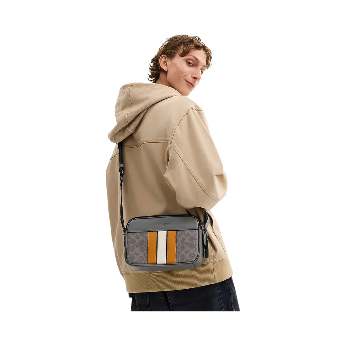 Coach Graham Crossbody Bag In Signature Canvas With Varsity Stripe Signature Canvas-Qb-Grey-Ochre-Chalk