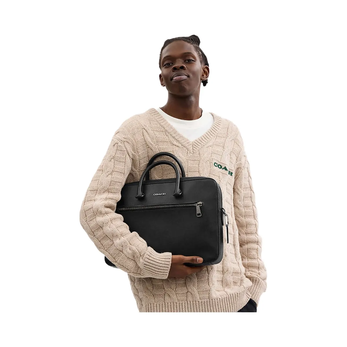 Coach Ethan Slim Brief Crossgrain Leather-Gunmetal-Black