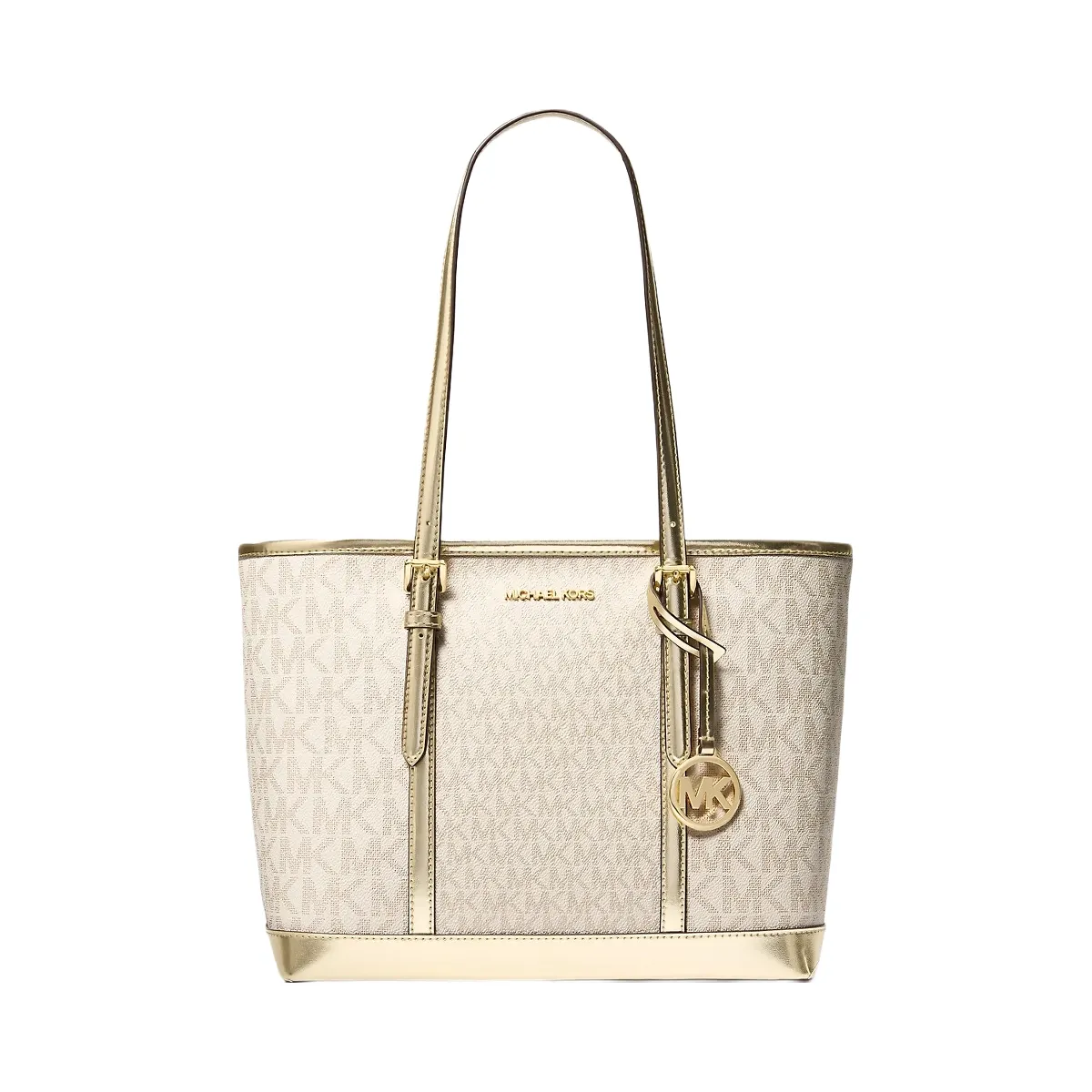 Michael Kors Jet Set Travel Small Metallic Logo Top-Zip Tote Bag Pale Gold