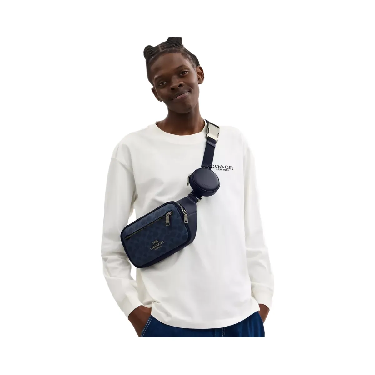 Coach Elias Belt Bag In Signature Canvas in Gunmetal Denim Midnight Navy