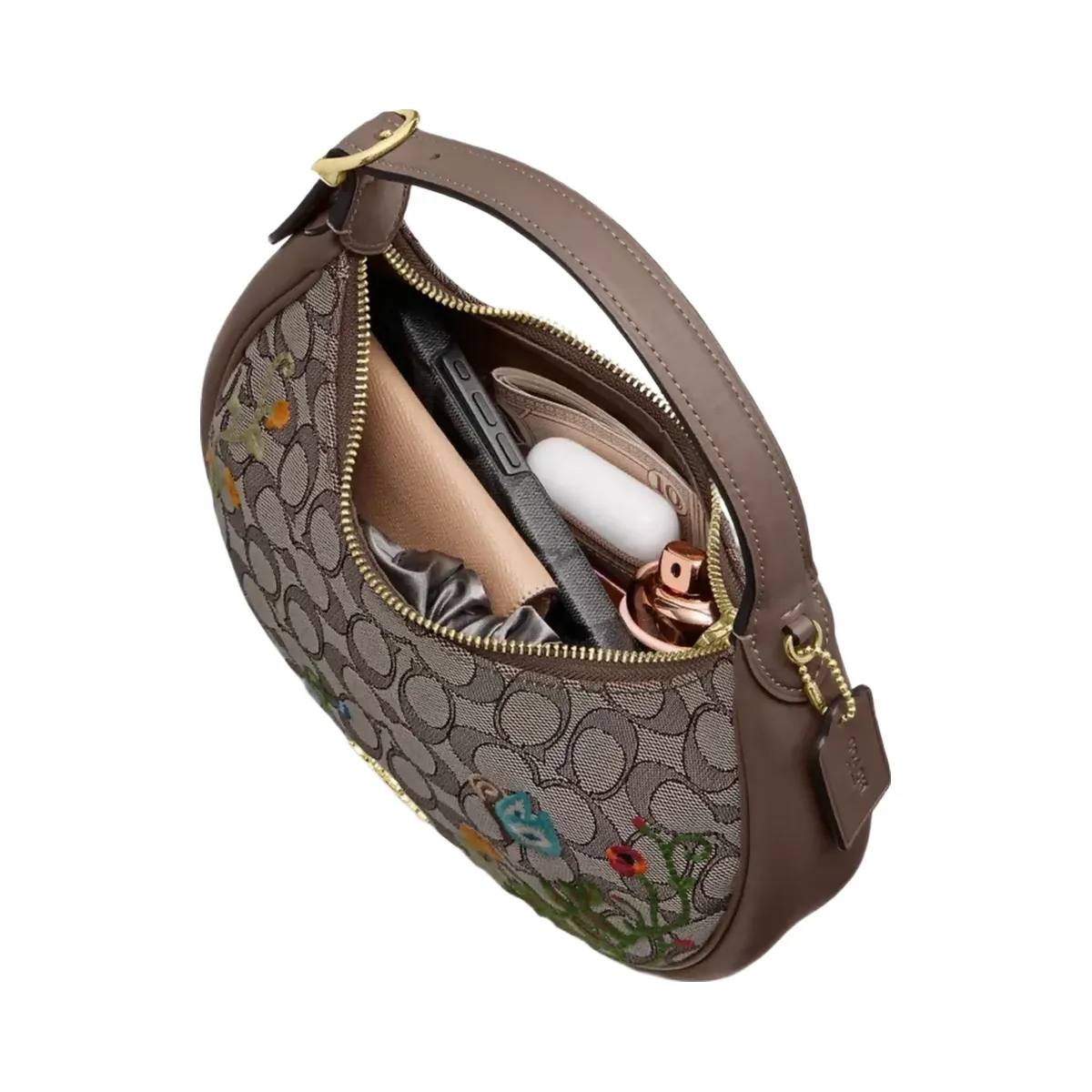 Coach Emily Shoulder Bag In Signature Jacquard With Floral Embroidery in Gold Oak Multi