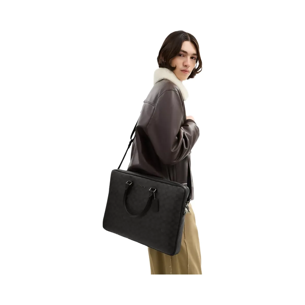Coach Ethan Large Brief In Signature Canvas in Gunmetal Charcoal Black