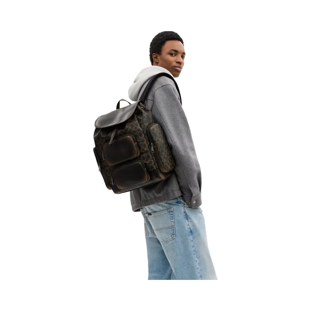 Coach Finn Backpack In Loved Signature Canvas in Gunmetal Brown