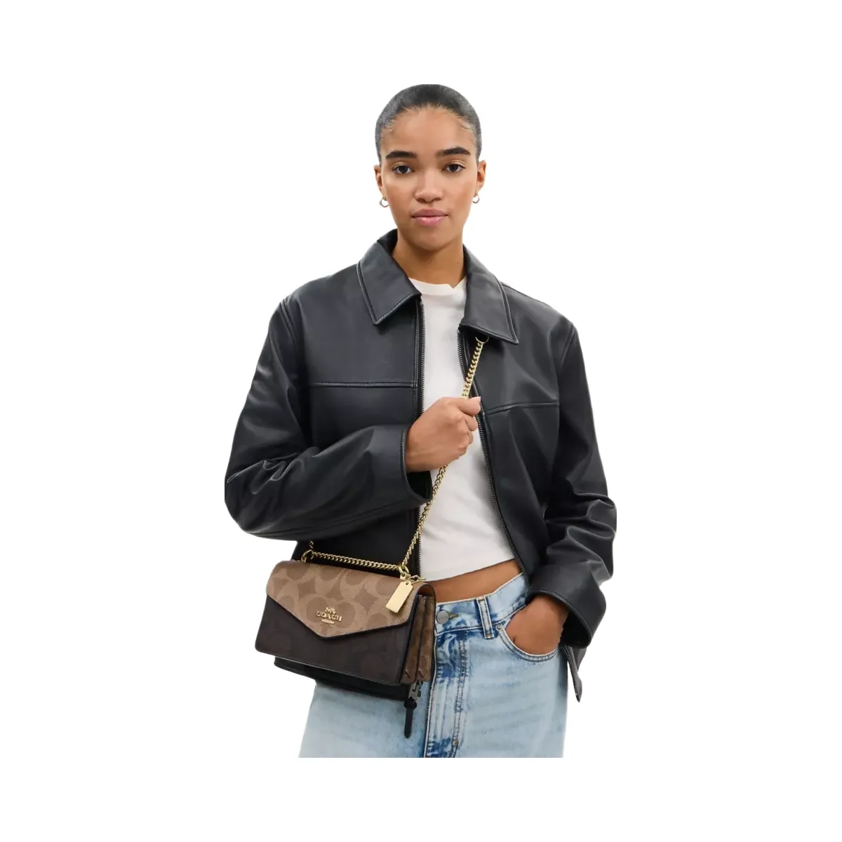 Coach Klare Envelope Crossbody Bag In Blocked Signature Canvas in Gold Walnut Tan