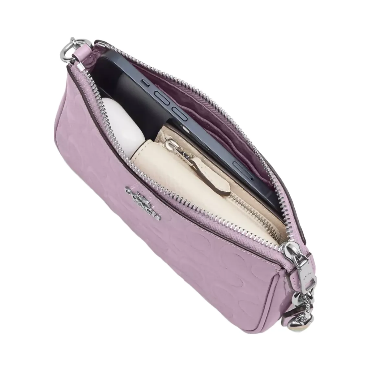Coach Nolita 19 In Signature Leather With Heart Charm in Silver Light Violet