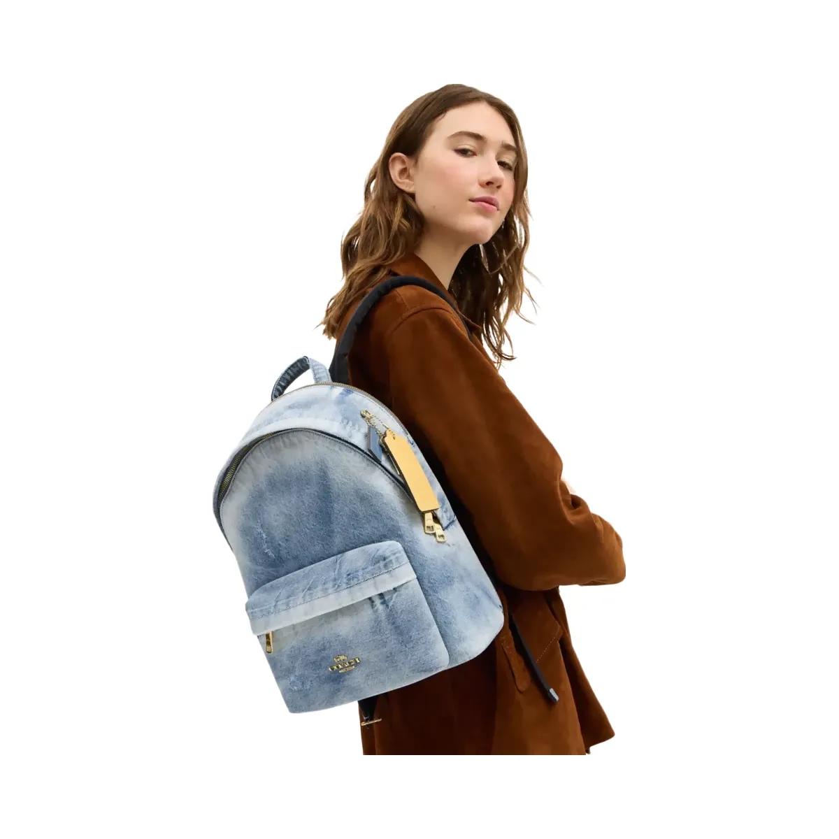Coach Taylor Small Backpack In Loved Denim in Gold Light Indigo