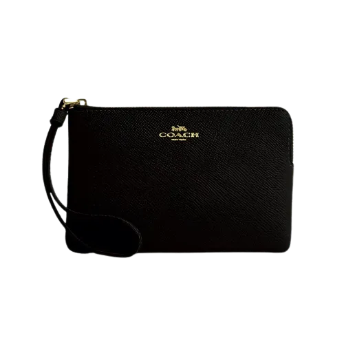Coach Corner Zip Wristlet Crossgrain Leather-Gold-Black