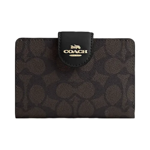 Coach Medium Corner Zip Wallet In Signature Canvas Signature Canvas Gold Walnut Black